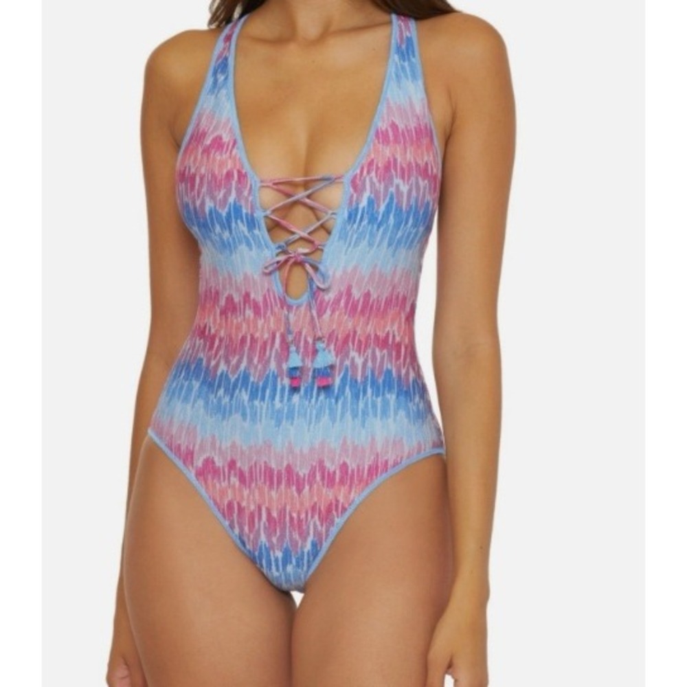 Becca Boho Ikat One Piece Swimsuit Medium‎ Lace Up Back Metallic Tassel Resort